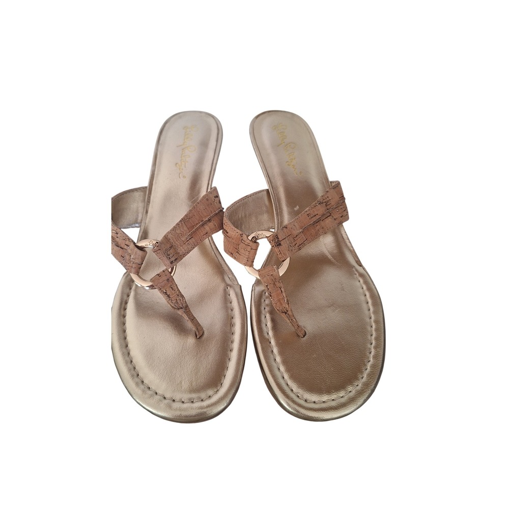 Lilly Pulitzer Womens Cork Wedge Sandals Gold Metallic Thong Heels Size 9.5M